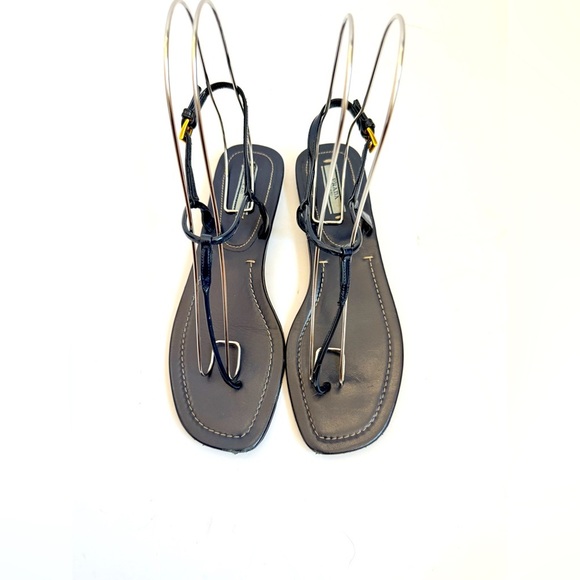 Prada Dark Navy blue leather T strap square toe flat thong sandals EU 38 - Picture 1 of 9